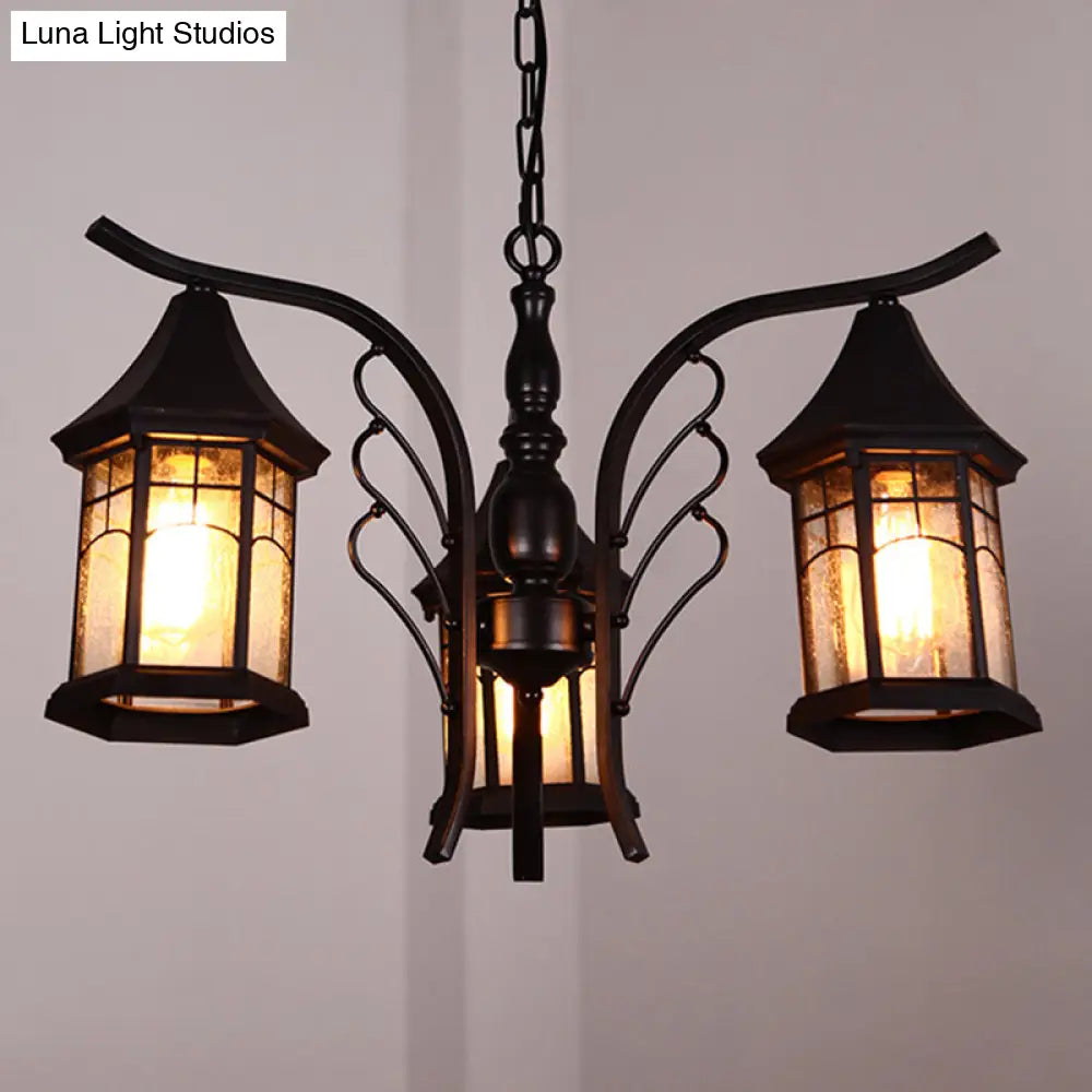 Industrial Black Ceiling Light With Clear Glass Lantern Chandelier - 3/5/6 Heads