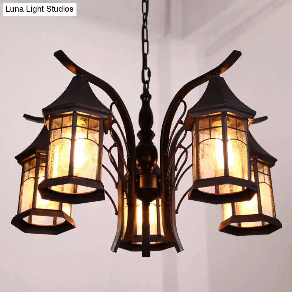 Industrial Black Ceiling Light With Clear Glass Lantern Chandelier - 3/5/6 Heads