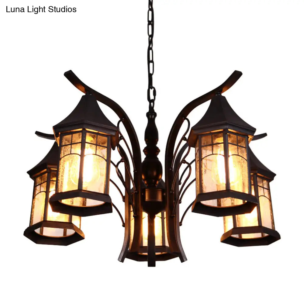 Industrial Black Ceiling Light With Clear Glass Lantern Chandelier - 3/5/6 Heads