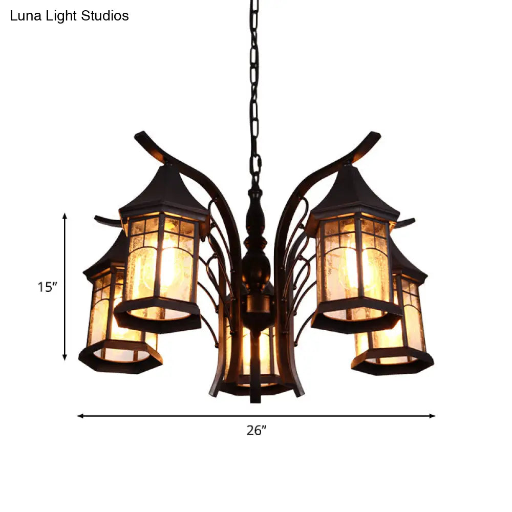 Industrial Black Ceiling Light With Clear Glass Lantern Chandelier - 3/5/6 Heads