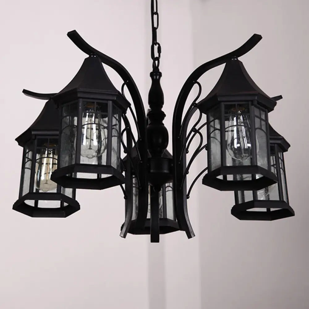 Industrial Black Ceiling Light With Clear Glass Lantern Chandelier - 3/5/6 Heads 5 /