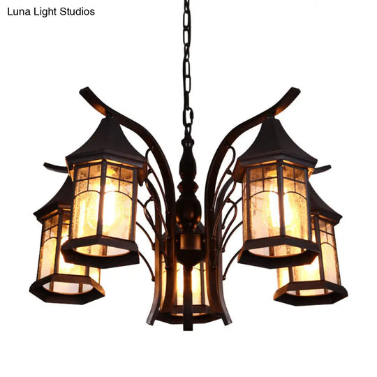 Industrial Black Ceiling Light With Clear Glass Lantern Chandelier (3/5/6 Heads)