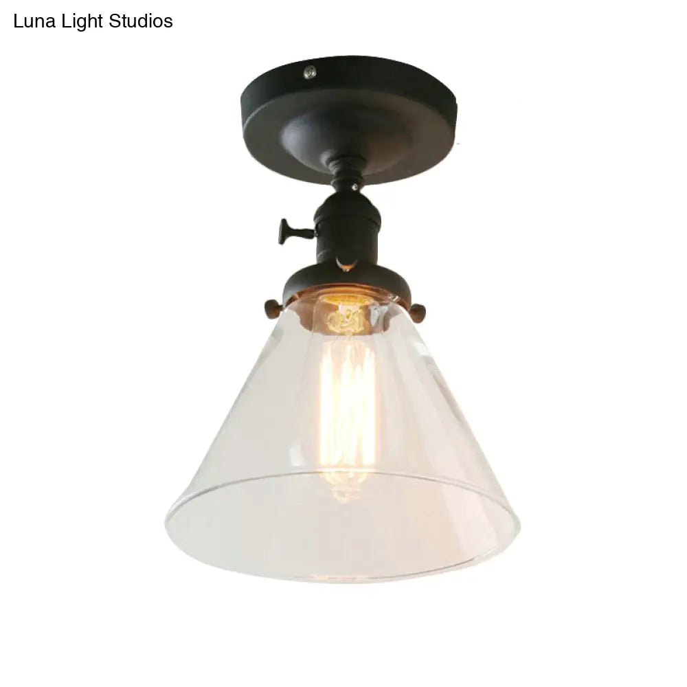 Industrial Black Ceiling Lighting: Semi Flush Light With Clear Glass Cone Shade For Living Room