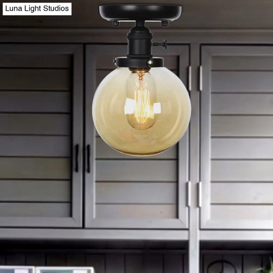 Industrial Black Ceiling Mount Light With Clear/Amber Glass - Perfect For Kitchen Amber / Globe