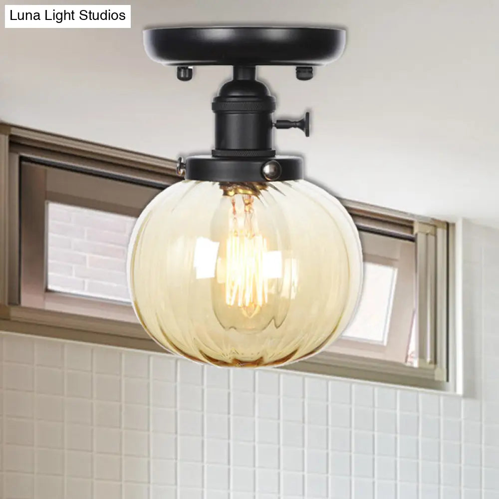 Industrial Black Ceiling Mount Light With Clear/Amber Glass - Perfect For Kitchen Amber / Round