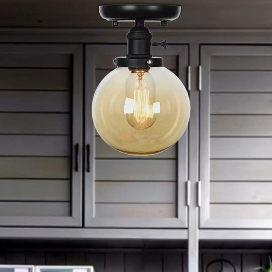 Industrial Black Ceiling Mount Light With Clear/Amber Glass - Perfect For Kitchen Amber / Globe