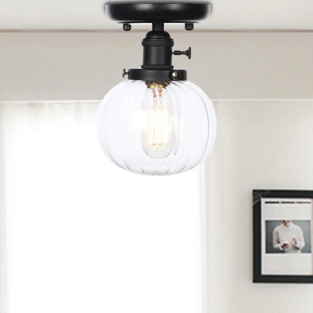 Industrial Black Ceiling Mount Light With Clear/Amber Glass - Perfect For Kitchen Clear / Round