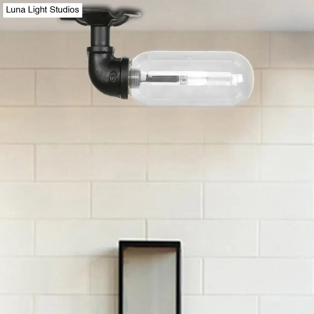 Industrial Black Ceiling Mounted Fixture - Oval Clear Glass Shade Semi Flush Mount With Pipe Design