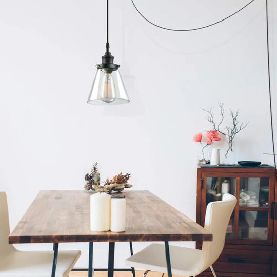 Industrial Black Ceiling Pendant Light With Clear Glass Cone Shade - Ideal For Kitchen