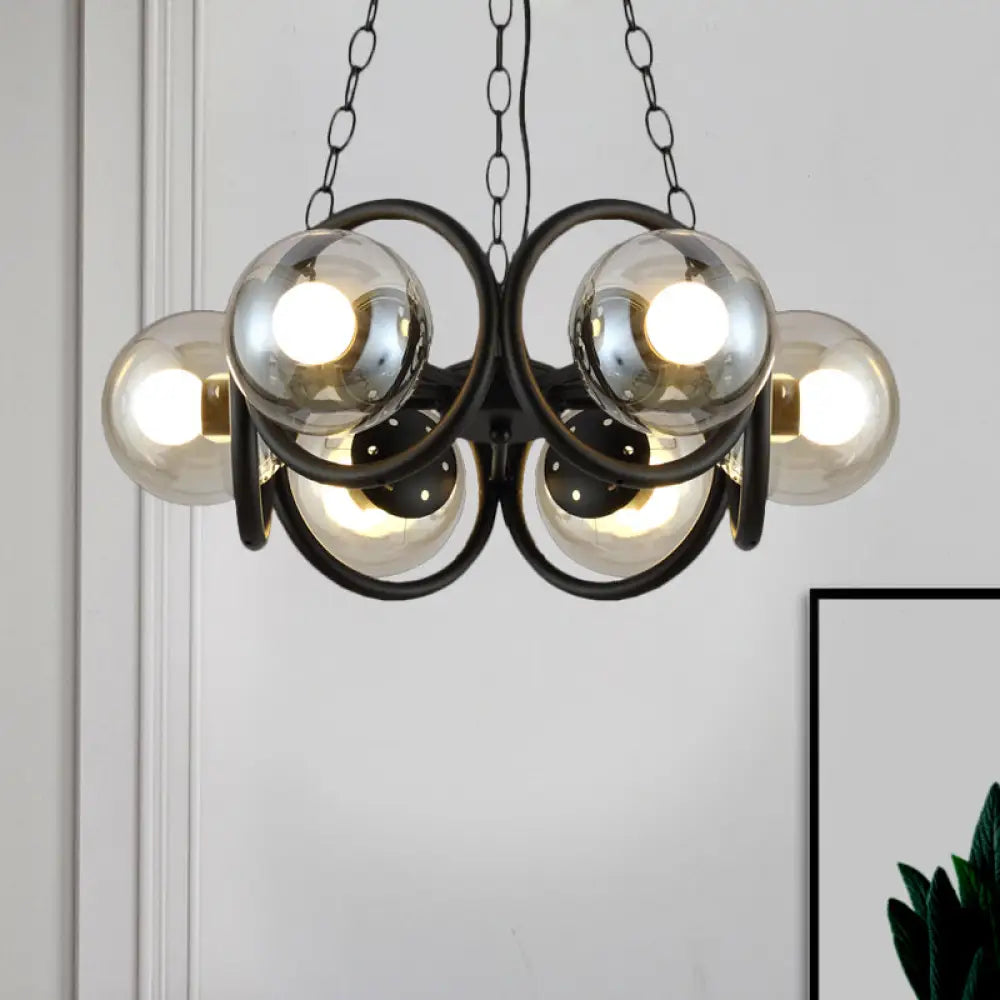 Industrial Black Chandelier Light With Clear Glass Globes And Round Cage - 6/8 Bulbs Pendant