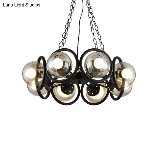 Industrial Black Chandelier Light With Clear Glass Globes And Round Cage - 6/8 Bulbs Pendant Fixture