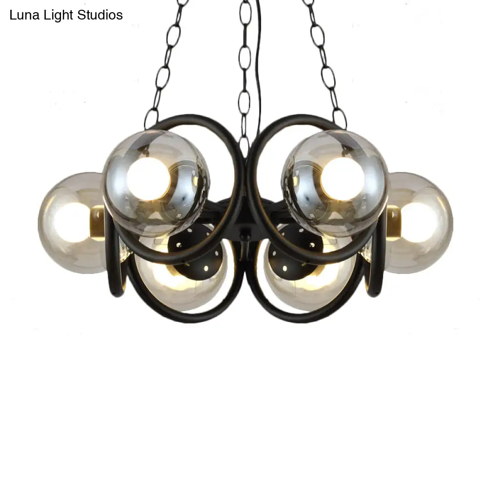 Industrial Black Chandelier Light With Clear Glass Globes And Round Cage - 6/8 Bulbs Pendant Fixture