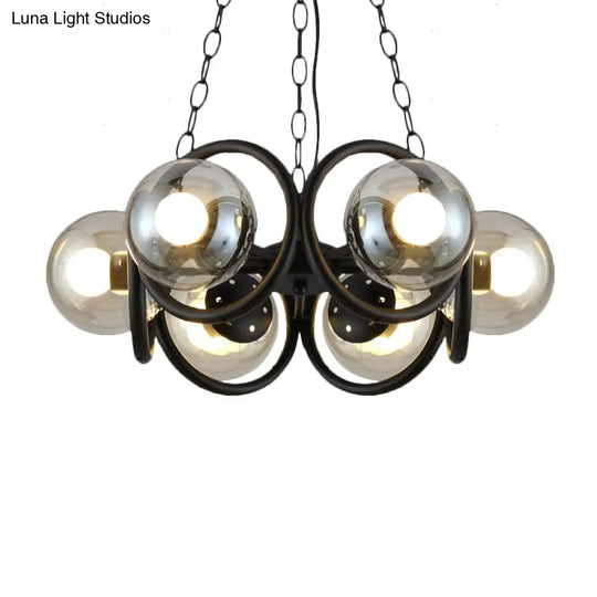 Industrial Black Chandelier Light With Clear Glass Globes And Round Cage - 6/8 Bulbs Pendant Fixture