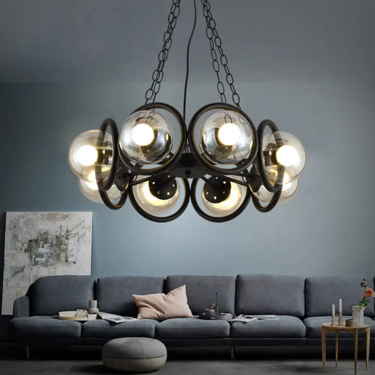 Industrial Black Chandelier Light With Clear Glass Globes And Round Cage - 6/8 Bulbs Pendant