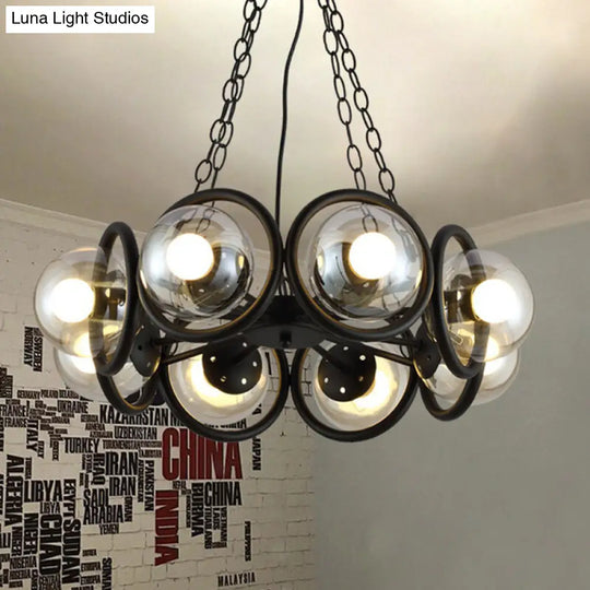 Industrial Black Chandelier Light With Clear Glass 6/8 Bulbs And Round Cage Stylish Global Pendant