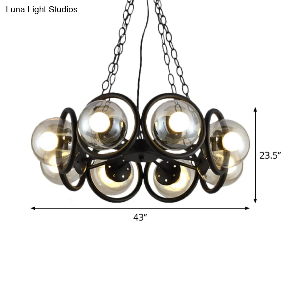 Industrial Black Chandelier Light With Clear Glass Globes And Round Cage - 6/8 Bulbs Pendant Fixture