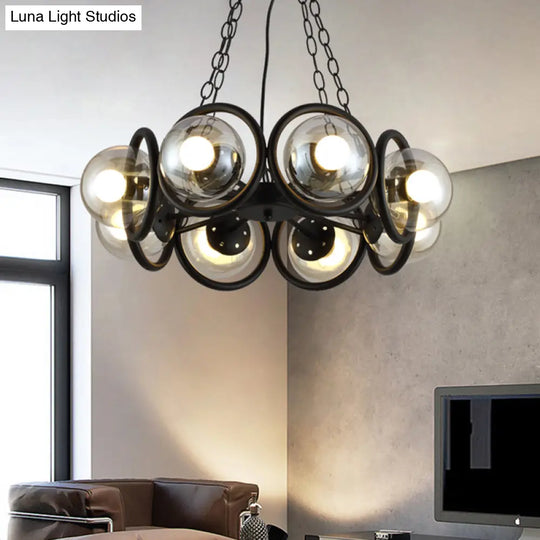 Industrial Black Chandelier Light With Clear Glass Globes And Round Cage - 6/8 Bulbs Pendant Fixture