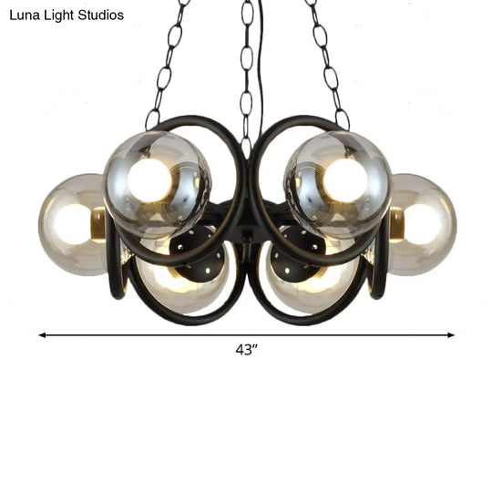 Industrial Black Chandelier Light With Clear Glass Globes And Round Cage - 6/8 Bulbs Pendant Fixture