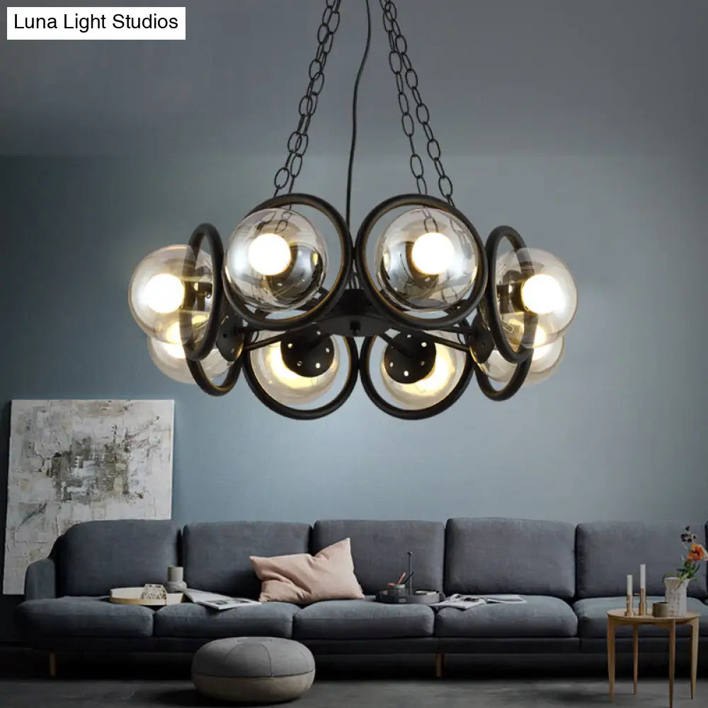 Industrial Black Chandelier Light With Clear Glass 6/8 Bulbs And Round Cage Stylish Global Pendant