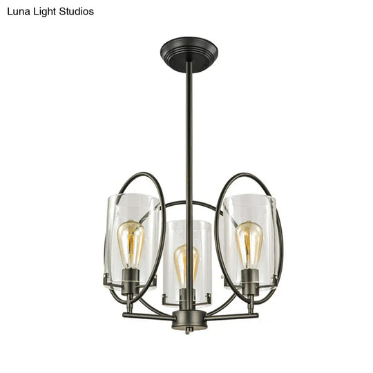 Industrial Black Chandelier With Clear Glass Cylindrical Shades - 3 Bulb Hanging Pendant Light
