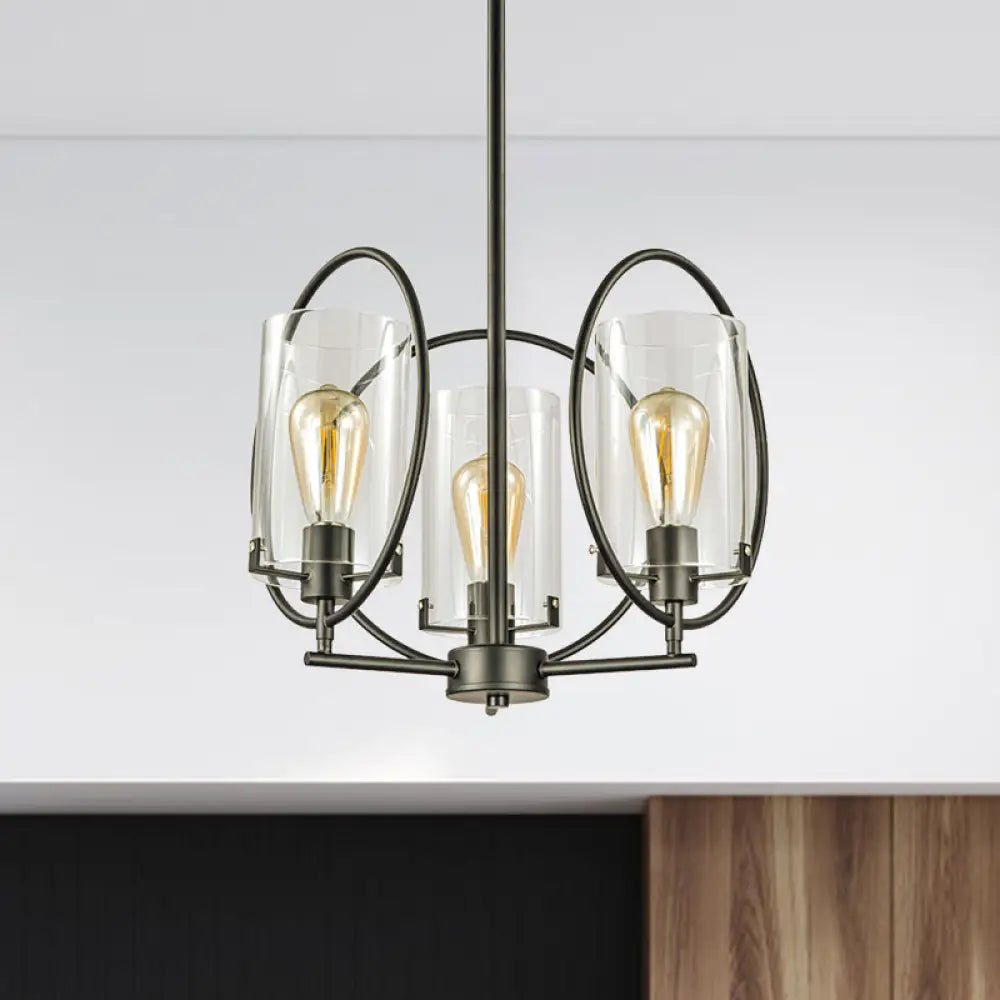 Industrial Black Chandelier With Clear Glass Cylindrical Shades - 3 Bulb Hanging Pendant Light