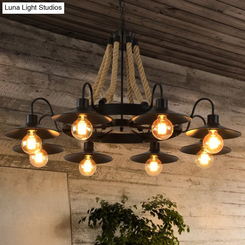Industrial Black Circle Iron Ceiling Light With Hemp Rope - Ideal For Restaurants