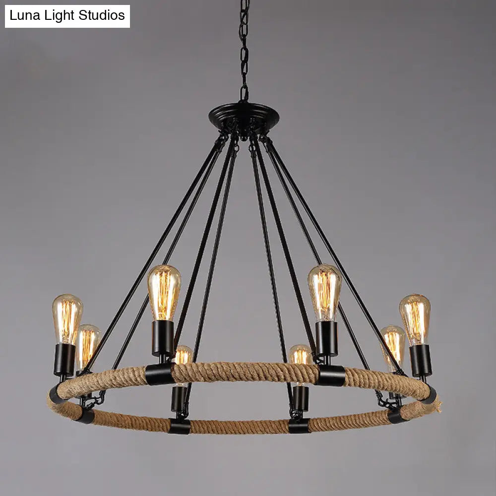 Industrial Circle Iron Ceiling Lighting Chandelier With Hemp Rope In Black 8 / A
