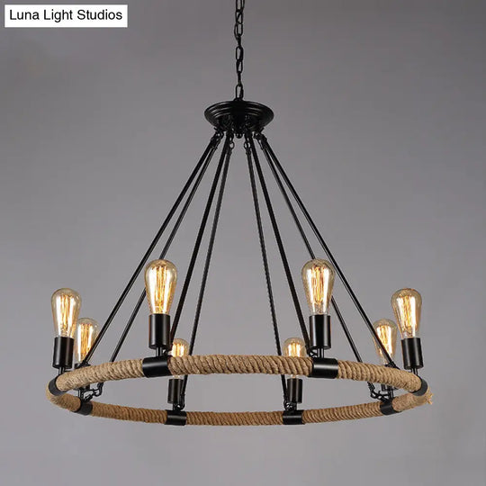 Industrial Circle Iron Ceiling Lighting Chandelier With Hemp Rope In Black 8 / A