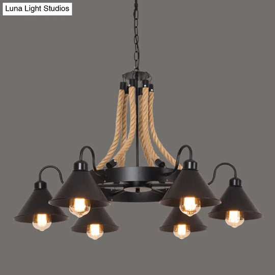 Industrial Circle Iron Ceiling Lighting Chandelier With Hemp Rope In Black 6 / C