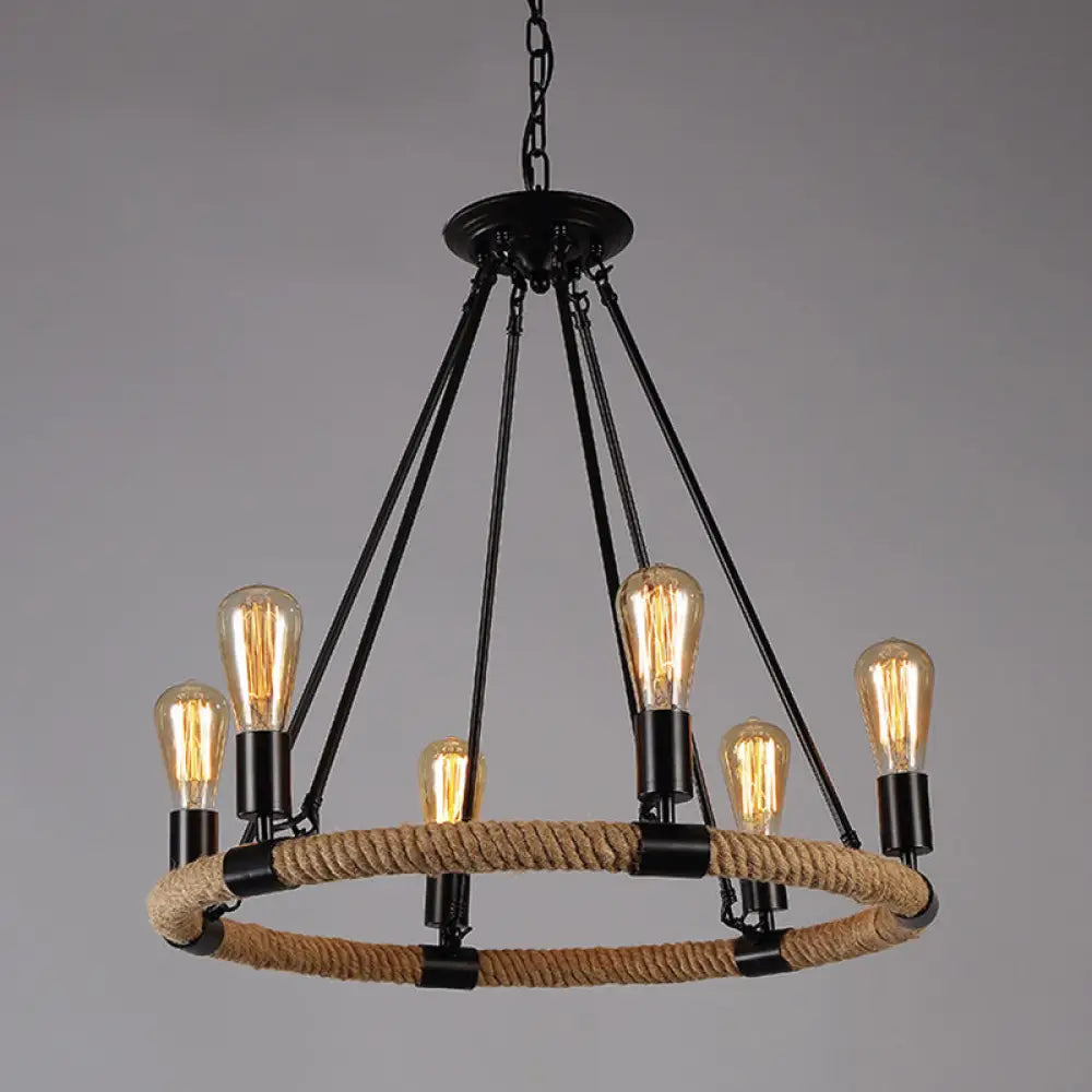 Industrial Black Circle Iron Ceiling Light With Hemp Rope - Ideal For Restaurants 6 / A