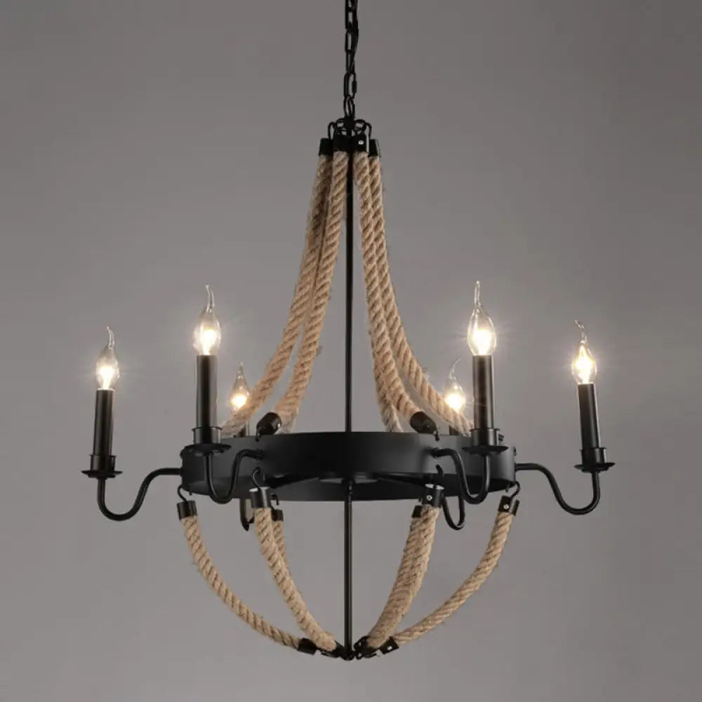 Industrial Black Circle Iron Ceiling Light With Hemp Rope - Ideal For Restaurants 6 / B