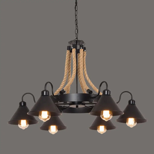Industrial Black Circle Iron Ceiling Light With Hemp Rope - Ideal For Restaurants 6 / C