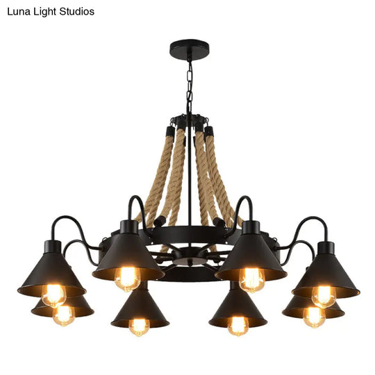 Industrial Circle Iron Ceiling Lighting Chandelier With Hemp Rope In Black