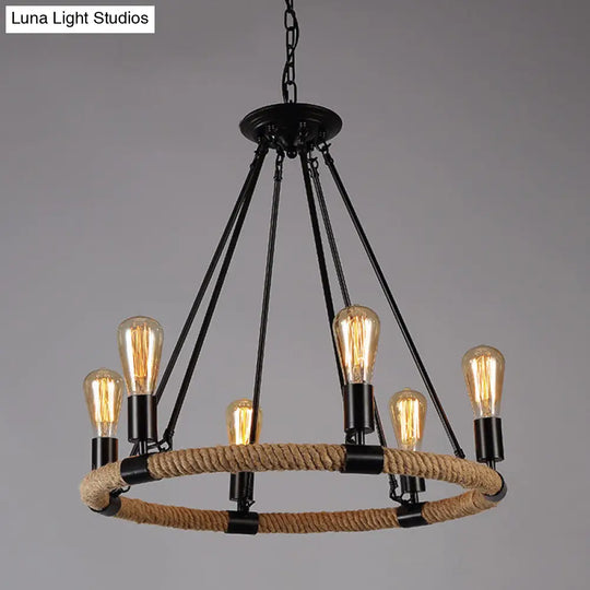 Industrial Circle Iron Ceiling Lighting Chandelier With Hemp Rope In Black 6 / A