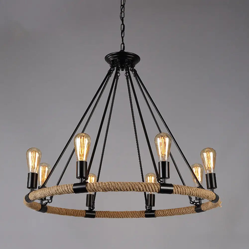 Industrial Black Circle Iron Ceiling Light With Hemp Rope - Ideal For Restaurants 8 / A