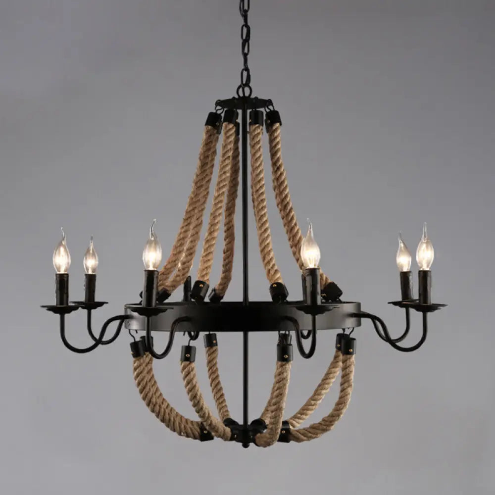 Industrial Black Circle Iron Ceiling Light With Hemp Rope - Ideal For Restaurants 8 / B