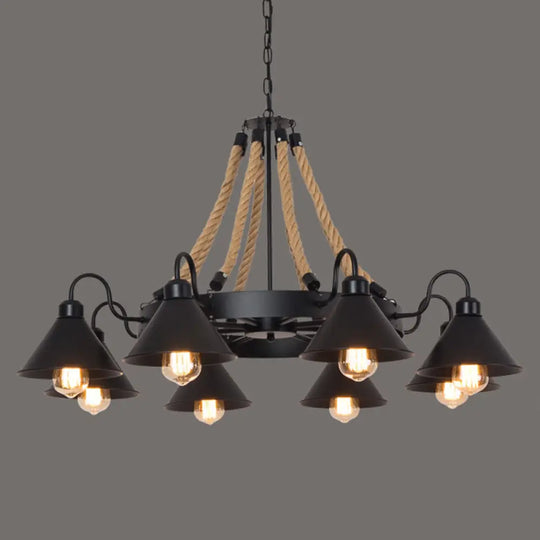 Industrial Black Circle Iron Ceiling Light With Hemp Rope - Ideal For Restaurants 8 / C