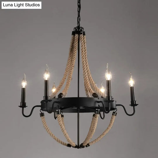 Industrial Circle Iron Ceiling Lighting Chandelier With Hemp Rope In Black 6 / B