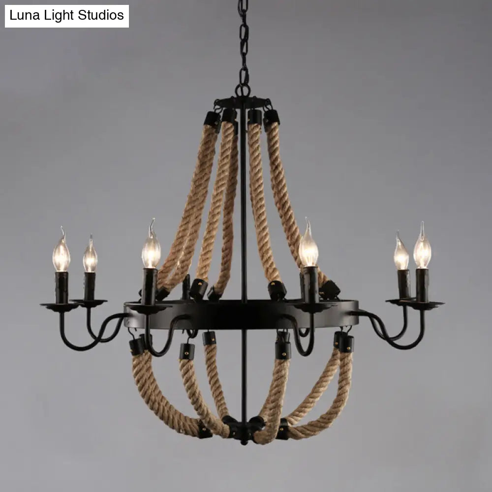 Industrial Circle Iron Ceiling Lighting Chandelier With Hemp Rope In Black 8 / B