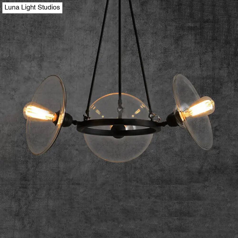 Industrial Black Chandelier With Clear Glass Disc Shades - 3-Light Pendant Fixture For Living Room