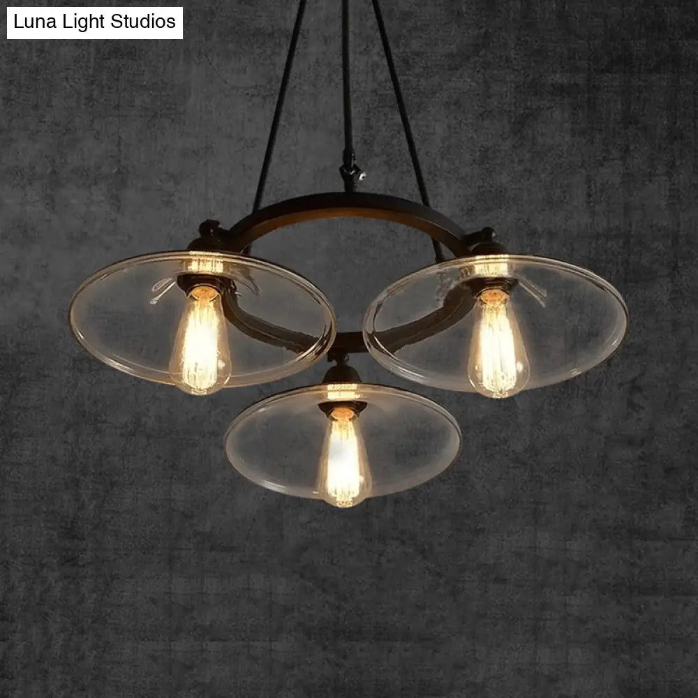 Industrial Black Clear Glass Pendant Chandelier With 3-Light Disc Shades - Perfect For Living Room