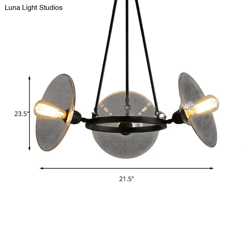 Industrial Black Chandelier With Clear Glass Disc Shades - 3-Light Pendant Fixture For Living Room