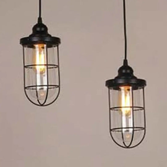 Industrial Black Clear Glass Pendant Light Kit With Caged Multiple Lamps - 2/3 Bulbs Linear/Round