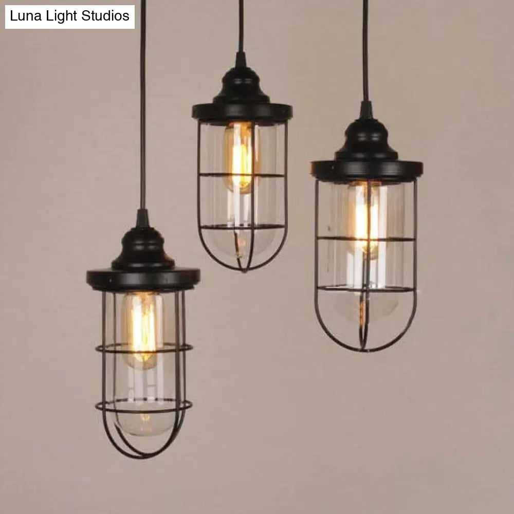 Caged Industrial Pendant Light With Black Clear Glass Bulbs - Linear/Round Canopy Kit