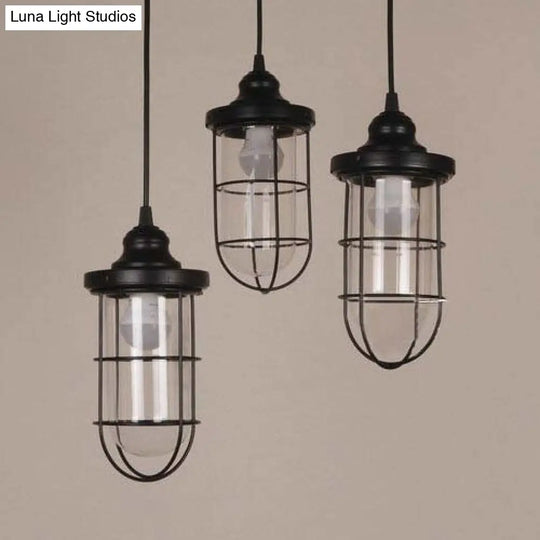 Caged Industrial Pendant Light With Black Clear Glass Bulbs - Linear/Round Canopy Kit