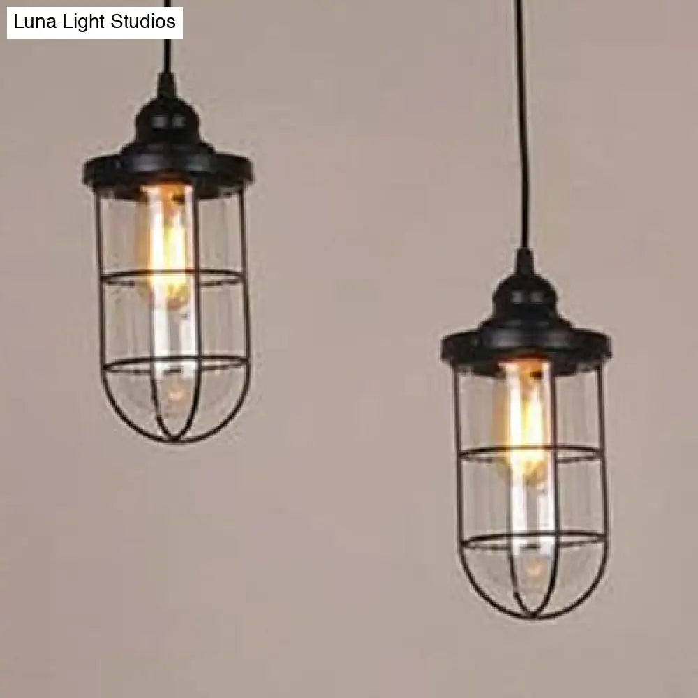 Caged Industrial Pendant Light With Black Clear Glass Bulbs - Linear/Round Canopy Kit 2 / Linear