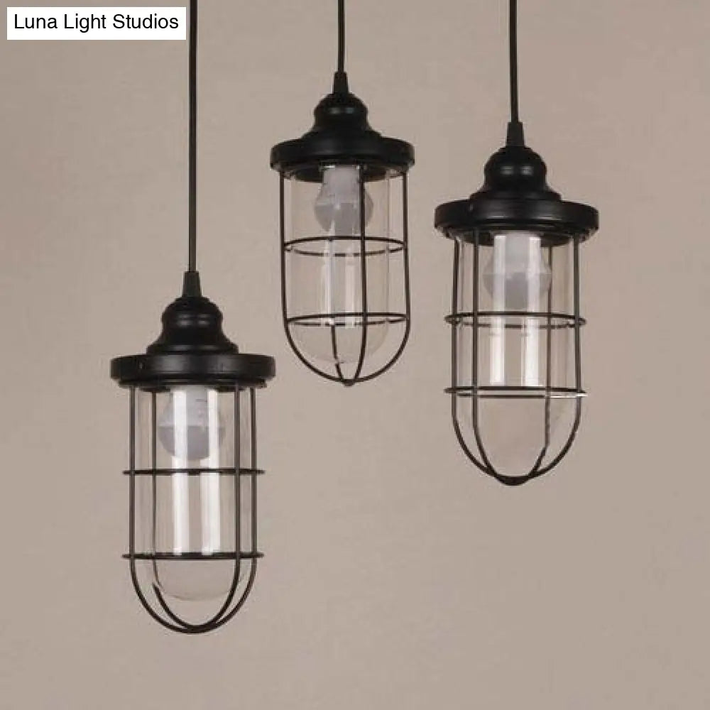 Industrial Black Clear Glass Pendant Light Kit With Caged Multiple Lamps - 2/3 Bulbs Linear/Round