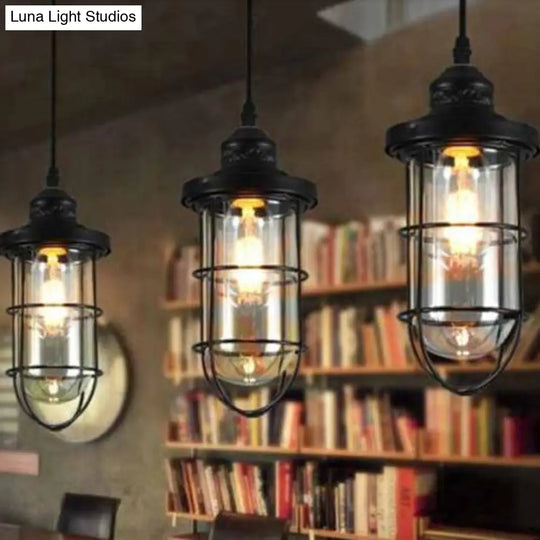 Industrial Black Clear Glass Pendant Light Kit With Caged Multiple Lamps - 2/3 Bulbs Linear/Round