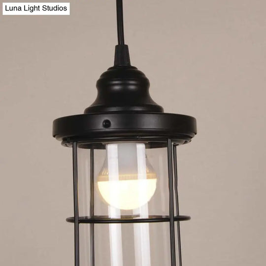 Caged Industrial Pendant Light With Black Clear Glass Bulbs - Linear/Round Canopy Kit