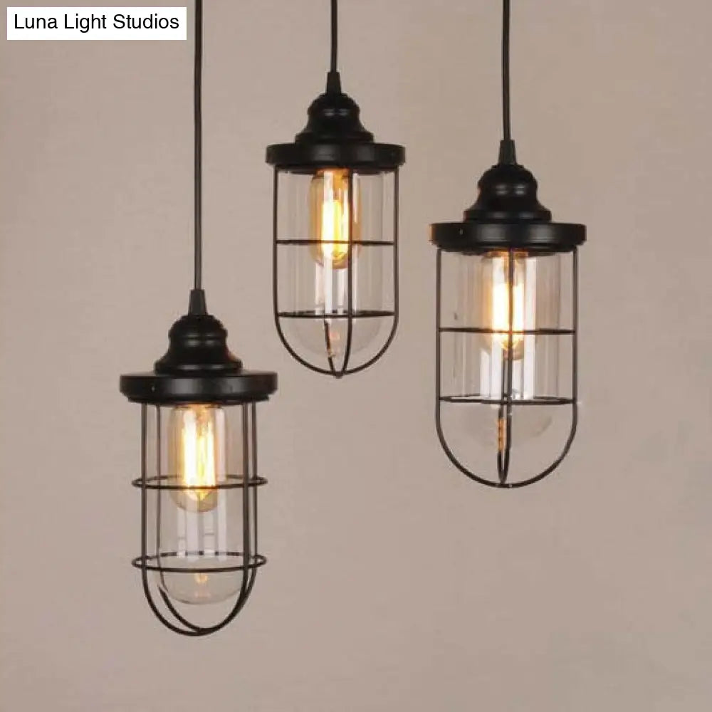 Industrial Black Clear Glass Pendant Light Kit With Caged Multiple Lamps - 2/3 Bulbs Linear/Round